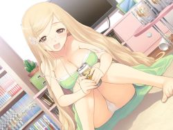 Rule 34 | 00s, 1girl, alcohol, bad anatomy, bad feet, barefoot, beer, black eyes, blonde hair, blush, bookshelf, bra strap, breasts, cactus, can, cleavage, dress, drunk, dutch angle, fault!!, feet, flower, game cg, glasses, grey eyes, hair flower, hair ornament, hayama rika, indoors, large breasts, long hair, open mouth, panties, pantyshot, plant, poorly drawn, potted plant, sitting, solo, strap slip, television, tony taka, underwear, very long hair, white panties