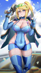 Rule 34 | 1girl, blonde hair, blue eyes, blue gloves, blue jacket, blurry, blurry background, breasts, burnt green tea, cleavage, cloud, commentary, covered navel, day, elbow gloves, english commentary, eyewear on head, feet out of frame, gloves, gun, highres, holding, holding gun, holding weapon, jacket, jacket on shoulders, large breasts, long hair, looking at viewer, metroid, nintendo, outdoors, ponytail, race queen, samus aran, sky, smile, solo, weapon