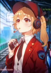 Rule 34 | 1girl, alternate costume, black necktie, blonde hair, blush, cigarette, cigarette pack, collared shirt, commentary request, fingerless gloves, flandre scarlet, flat cap, gloves, hair between eyes, hand up, hat, headphones, highres, holding, holding cigarette pack, jacket, kong zhi xian yu, long hair, long sleeves, mouth hold, necktie, open clothes, open jacket, red eyes, red hat, red jacket, shirt, side ponytail, smoke, smoking, solo, touhou, upper body, white shirt