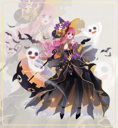 Rule 34 | 1girl, black footwear, black gloves, black legwear, blunt bangs, breasts, cleavage, dress, dywx poison, full body, ghost, gloves, halloween, hat, holding, holding umbrella, large breasts, long hair, one piece, open mouth, perona, pink hair, purple eyes, smile, solo, umbrella, witch, witch hat, zoom layer
