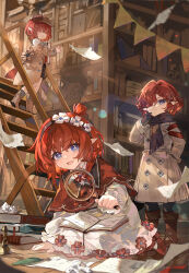 3girls black_gloves black_pantyhose black_scarf book bookshelf boots brown_boots capelet closed_mouth cross-shaped_pupils dress flying_paper gloves hair_over_one_eye highres holding holding_magnifying_glass honkai:_star_rail honkai_(series) indoors long_sleeves looking_at_viewer magnifying_glass multiple_girls official_art open_mouth pantyhose paper pointy_ears qqqne red_capelet red_hair scarf short_hair smile symbol-shaped_pupils trianne_(honkai:_star_rail) tribbie_(honkai:_star_rail) trinnon_(honkai:_star_rail) white_dress