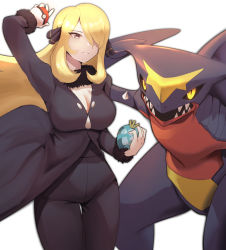 Rule 34 | 1girl, absurdres, alternate breast size, arm up, berry (pokemon), black coat, black pants, black shirt, blonde hair, breasts, cleavage, coat, commentary request, creatures (company), cynthia (pokemon), fur-trimmed coat, fur collar, fur trim, game freak, garchomp, gen 4 pokemon, hair ornament, hair over one eye, highres, holding, holding poke ball, large breasts, long hair, long sleeves, naru peng, nintendo, pants, poke ball, poke ball (basic), pokemon, pokemon (creature), pokemon dppt, shirt, smile, v-neck, yache berry