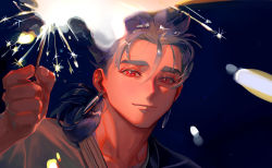 Rule 34 | 1boy, absurdres, alternate hairstyle, blue hair, close-up, closed mouth, cu chulainn (caster) (fate), cu chulainn (fate), cu chulainn (fate/stay night), earrings, fate/stay night, fate (series), fireworks, hair bun, highres, jewelry, long hair, looking at viewer, male focus, red eyes, single hair bun, slit pupils, smile, solo, sparkle, sparkler, spiked hair, taro-k, type-moon
