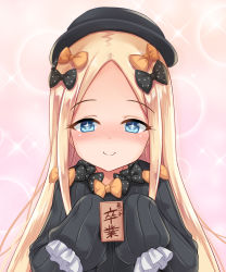 Rule 34 | + +, 1girl, abigail williams (fate), absurdres, april fools, black bow, black dress, black hat, blonde hair, blue eyes, blush, bow, closed mouth, commentary request, dress, fate/grand order, fate (series), forehead, hair bow, hat, highres, holding, long hair, long sleeves, looking at viewer, milkshakework, multiple hair bows, nose blush, orange bow, parted bangs, pink background, polka dot, polka dot bow, sleeves past fingers, sleeves past wrists, smile, solo, sparkle, translation request, upper body, very long hair