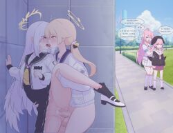 Rule 34 | 4girls, after kiss, ahoge, azusa (blue archive), black dress, black footwear, black headwear, black shirt, black socks, blonde hair, blue archive, blush, breasts, cardigan, closed eyes, clothed sex, cum, cum in pussy, cum overflow, dress, feathered wings, flower, futa with female, futanari, hair between eyes, hair flower, hair ornament, halo, hanako (blue archive), hat, hifumi (blue archive), highres, jacket, kneehighs, koharu (blue archive), korean text, large breasts, large penis, large testicles, leg lift, long hair, long sleeves, minishell, multiple girls, open mouth, outdoors, penis, pink hair, public indecency, purple eyes, pussy, saliva, saliva trail, sex, shirt, shoes, short sleeves, skirt, socks, speech bubble, standing, standing sex, testicles, tongue, tongue out, translation request, twintails, uncensored, vaginal, white cardigan, white footwear, white hair, white jacket, white shirt, white skirt, white socks, white wings, wings, yellow eyes