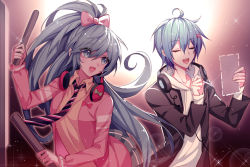 Rule 34 | 1boy, 1girl, ahoge, blue eyes, blue hair, bow, bowtie, closed eyes, collarbone, commentary, dotted line, drawstring, drum, drumsticks, hair bow, hair ornament, hairclip, hands up, hatsune miku, headphones, headphones around neck, highres, holding, holding drumsticks, holding paper, holding pen, hood, hoodie, instrument, jacket, kaito (vocaloid), kazenemuri, lipstick, long hair, looking at another, makeup, necktie, open mouth, paper, pen, pink bow, pink jacket, skirt, smile, sparkle, spotlight, striped neckwear, very long hair, vocaloid, white hoodie