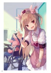 Rule 34 | 1girl, apron, armband, bandages, blurry, blurry background, blush, clock, door, dress, fang, hair ornament, hat, heart, indoors, leaning forward, light brown hair, long hair, looking at viewer, makihitsuji, natori sana, nurse cap, open mouth, pink apron, pink hat, puffy short sleeves, puffy sleeves, rabbit hair ornament, red eyes, safety pin, sana channel, short sleeves, skin fang, smile, solo, stuffed animal, stuffed rabbit, stuffed toy, two side up, upper body, v, virtual youtuber, wall clock, wheelchair, white dress