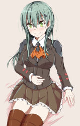 Rule 34 | 10s, 1girl, blush, brown thighhighs, green eyes, green hair, hair ornament, hairclip, jewelry, kantai collection, koenza botoke, long hair, looking at viewer, matching hair/eyes, military, military uniform, personification, ring, sitting, smile, solo, suzuya (kancolle), thighhighs, uniform