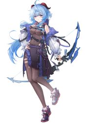Rule 34 | 1girl, absurdres, adapted costume, ahoge, black skirt, blue eyes, blue footwear, bodystocking, bow (weapon), brown pantyhose, closed mouth, commentary request, compound bow, contemporary, full body, ganyu (genshin impact), genshin impact, goat horns, hand on own hip, highres, holding, holding bow (weapon), holding weapon, horns, jacket, jimumian87927, long hair, long sleeves, looking at viewer, off shoulder, open clothes, open jacket, pantyhose, purple eyes, shoes, simple background, skirt, smile, sneakers, socks, solo, strap, tachi-e, weapon, white background, white jacket, white socks