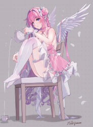 Rule 34 | 1girl, angel, angel wings, blush, breasts, chair, choker, closed mouth, commentary request, dorothy (nikke), dorothy (nostalgia) (nikke), dress, feathers, flower, frilled dress, frills, goddess of victory: nikke, grey background, hair intakes, highres, himeyamato, holding, holding teapot, large breasts, long hair, pink choker, pink dress, pink flower, pink hair, pink rose, purple eyes, rose, simple background, sitting, teapot, thigh strap, thighhighs, wet, white thighhighs, wings