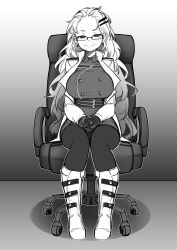 Rule 34 | 1girl, aethella mugolm, boots, breasts, chair, closed mouth, commentary, commission, dildo chair, earrings, english commentary, full body, glasses, gloves, greenopi, greyscale, hair ornament, hairclip, highres, jacket, jewelry, large breasts, long sleeves, looking at viewer, mole, mole under eye, monochrome, office chair, original, pantyhose, sitting, smile, solo, swivel chair