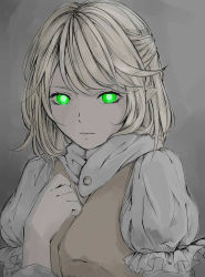 Rule 34 | 1girl, bad id, bad tumblr id, blonde hair, glowing, glowing eyes, green eyes, half updo, hand on own chest, highres, igyouhime, mizuhashi parsee, pointy ears, puffy short sleeves, puffy sleeves, short hair, short sleeves, solo, touhou, upper body