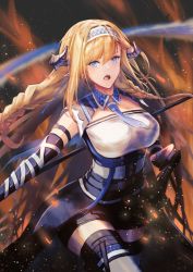 Rule 34 | 1girl, absurdres, arknights, bare shoulders, black gloves, blonde hair, blue eyes, blue hairband, blue necktie, braid, breasts, commentary request, elbow gloves, gloves, hairband, highres, horns, large breasts, long hair, looking at viewer, necktie, open mouth, saileach (arknights), shirt, sleeveless, sleeveless shirt, solo, thighhighs, twin braids, very long hair, white shirt, wn (wani-noko)