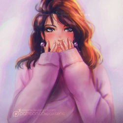 Rule 34 | 1girl, axsen, blurry, brown hair, covering own mouth, earrings, grey eyes, jewelry, original, sleeves past wrists, solo, sweater, upper body, watermark, web address