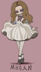 Rule 34 | 1girl, blonde hair, blue eyes, character name, closed mouth, dress, expressionless, forehead, highres, long hair, long sleeves, looking at viewer, m3gan, m3gan (character), mary janes, neck ribbon, ribbon, shiuriri, shoes, simple background, solo, striped ribbon, striped sleeves