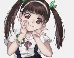 Rule 34 | 1girl, absurdres, black skirt, bracelet, brown hair, buttons, cheek pinching, collarbone, collared shirt, film grain, green ribbon, hachikuji mayoi, hair ribbon, hairband, hands on own face, highres, jewelry, looking at viewer, medium hair, meemz a, monogatari (series), pinching, red eyes, red ribbon, ribbon, shirt, short sleeves, skirt, solo, suspender skirt, suspenders, twintails, upper body, wavy mouth, white shirt