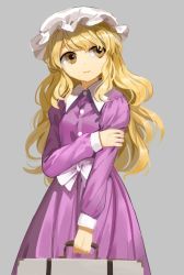 Rule 34 | 1girl, blonde hair, bow, briefcase, buttons, closed mouth, collared dress, dress, grey background, hand on own arm, hat, highres, holding, long hair, long sleeves, maribel hearn, mob cap, purple dress, solo, suna (s73d), touhou, wavy hair, white bow, white hat, yellow eyes