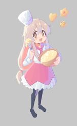 Rule 34 | 1girl, :d, batter, black pantyhose, bowl, brown eyes, chef hat, chocolate chip cookie, commentary, cookie, english commentary, food, full body, genderswap, genderswap (mtf), grey background, grey hair, gustavo schuler, hair between eyes, hat, heart-shaped cookie, highres, long hair, long sleeves, looking at viewer, low-tied long hair, multicolored hair, neckerchief, no shoes, onii-chan wa oshimai!, open mouth, oyama mahiro, pantyhose, pink hair, red neckerchief, red skirt, shirt, sidelocks, simple background, skirt, smile, solo, standing, tilted headwear, two-tone hair, whisk, white shirt