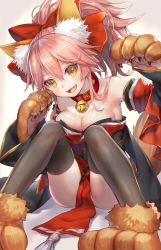 Rule 34 | 1girl, animal ears, animal hands, bell, black thighhighs, bow, breasts, cleavage, collar, detached sleeves, fangs, fate/grand order, fate (series), fox ears, fox tail, hair bow, highres, japanese clothes, jingle bell, kimono, large breasts, lma, long hair, neck bell, no panties, obi, open mouth, pelvic curtain, pink hair, red bow, sash, sitting, smile, solo, tail, tamamo (fate), tamamo cat (fate), tamamo cat (first ascension) (fate), tamamo no mae (fate/extra), thighhighs, yellow eyes