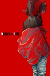 Rule 34 | 1girl, alternate costume, black shirt, blue pants, bow, brown hair, denim, from behind, hair bow, hakurei reimu, highres, jacket, jeans, jpeg artifacts, long hair, long sleeves, off shoulder, pants, red background, red bow, red jacket, shirt, simple background, solo, touhou, uchisaki himari