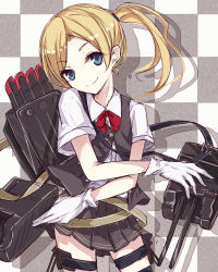 Rule 34 | 10s, 1girl, bad id, bad pixiv id, berukko, blonde hair, blush, cannon, checkered background, gloves, hair ornament, kantai collection, long hair, maikaze (kancolle), personification, school uniform, side ponytail, skirt, smile, solo, torpedo, turret, white gloves