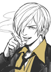Rule 34 | 1boy, cigarette, curly eyebrows, facial hair, formal, hair over one eye, holding, holding cigarette, jacket, kdash, long sleeves, male focus, necktie, one piece, sanji (one piece), shirt, short hair, sketch, smile, smoke, solo, teeth, yellow shirt