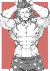 Rule 34 | 1boy, abs, arms behind head, bara, body markings, clover print, floral print, granblue fantasy, greyscale, highres, large pectorals, long hair, looking at viewer, male focus, male swimwear, monochrome, muscular, muscular male, navel, nipples, open mouth, pectorals, print male swimwear, print swim trunks, smile, solo, swim trunks, swimsuit, tofuboyz, topless male, wilnas (granblue fantasy)