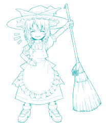 Rule 34 | 1girl, aqua theme, blue theme, braid, broom, closed eyes, female focus, full body, hat, highres, kirisame marisa, monochrome, shichimenchou, simple background, solo, that blue, touhou, white background, witch, witch hat