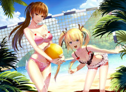 Rule 34 | 2girls, :d, aircraft, ball, bare shoulders, beach, bikini, blonde hair, blue eyes, blue sky, blush, boat, bow, bow bikini, breasts, brown eyes, brown hair, cleavage, cloud, collarbone, day, dead or alive, dead or alive xtreme, dutch angle, floral print, frilled bikini, frills, hair ornament, hair over one eye, hair ribbon, heart, heart o-ring, heart ring bottom, heart ring top, helicopter, highres, hill, holding, holding ball, kasumi (doa), large breasts, leaning forward, long hair, looking at viewer, marie rose, multiple girls, navel, o-ring, o-ring bikini, ocean, open mouth, outdoors, outstretched arm, palm tree, parted lips, pier, pink bikini, ponytail, ribbon, sand, sky, small breasts, smile, sparkle, standing, sunlight, swimsuit, tree, twintails, vmax-ver, volleyball (object), volleyball net, water, watercraft