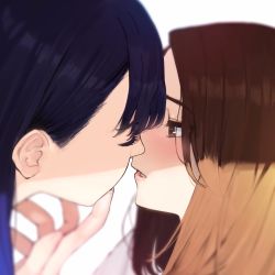 Rule 34 | 2girls, aikawa ren, blue hair, blush, brown eyes, brown hair, close-up, closed eyes, from side, highres, imminent kiss, long hair, miru tights, multiple girls, nakabeni yua, open mouth, profile, simple background, white background, yomu (sgt epper), yuri