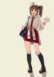 Rule 34 | 1girl, :d, ahoge, bag, black socks, blue scrunchie, brown footwear, carrying, clothes around waist, commentary, diagonal-striped clothes, diagonal-striped necktie, dress shirt, drill hair, grey background, hair ornament, hair scrunchie, idolmaster, idolmaster million live!, jacket, jacket around waist, kamille (vcx68), kneehighs, loafers, long sleeves, looking at viewer, medium hair, miniskirt, necktie, open mouth, plaid, plaid skirt, pleated skirt, red necktie, red skirt, school bag, school uniform, scrunchie, shadow, shirt, shoes, side drill, side ponytail, simple background, skirt, sleeves rolled up, smile, socks, solo, standing, striped clothes, striped necktie, uniform series (idolmaster), waving, white scrunchie, white shirt, wing collar, wrist scrunchie, yokoyama nao