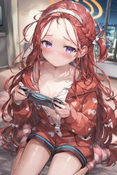 Rule 34 | 1girl, alternate costume, blue archive, blush, closed mouth, collarbone, commentary, controller, forehead, game controller, hairband, halo, highres, holding, holding controller, holding game controller, long hair, long sleeves, looking at viewer, ni mochi, no shoes, open clothes, open shirt, orange halo, paid reward available, pajamas, pink socks, puffy long sleeves, puffy sleeves, purple eyes, red hair, red pajamas, red shirt, red shorts, seiza, shirt, shorts, sitting, socks, solo, striped clothes, striped socks, very long hair, wavy hair, white hairband, yuzu (blue archive)