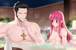 Rule 34 | 1boy, 1girl, bare arms, bare shoulders, bat tattoo, black eyes, black hair, blunt bangs, blush, breasts, choko (cup), cleavage, closed eyes, closed mouth, collarbone, cross, cross necklace, cup, dracule mihawk, drinking, fence, hand up, jewelry, joman, lantern, large breasts, long hair, looking at another, mixed-sex bathing, naked towel, necklace, night, night sky, no pupils, one piece, onsen, outdoors, partially submerged, perona, pout, shared bathing, sidelocks, sky, star (sky), steam, tattoo, tokkuri, topless male, towel, upper body, water, wet, wooden fence