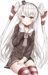 Rule 34 | &gt;:o, 10s, 1girl, :o, amatsukaze (kancolle), black hairband, black neckwear, blush, brown dress, buttons, choker, collarbone, dress, finger to cheek, hair between eyes, hair tubes, hairband, hand on own thigh, hand up, hat, kantai collection, lifebuoy, long hair, long sleeves, looking at viewer, md5 mismatch, mini hat, red thighhighs, resolution mismatch, sailor collar, sailor dress, shimo (shimo 00), short dress, silver hair, simple background, sitting, solo, source larger, striped clothes, striped thighhighs, swim ring, thighhighs, two side up, v-shaped eyebrows, very long hair, white background, white thighhighs, zettai ryouiki