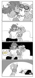 Rule 34 | &gt; &lt;, 1boy, 1girl, 4koma, bad id, bad twitter id, blush, breasts, collarbone, comic, couch, creatures (company), dede (qwea 00000), eyewear on head, facial hair, flying sweatdrops, game freak, greyscale, hair ornament, heart, heart hair ornament, hetero, highres, kiss, leon (pokemon), looking at another, medium breasts, monochrome, nintendo, open mouth, pain, pokemon, pokemon swsh, shirt, side ponytail, sitting, smile, sonia (pokemon), sunglasses, sweat, white shirt