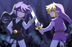 Rule 34 | 2boys, belt, black headwear, black tunic, blonde hair, blurry, blurry background, brown belt, cowboy shot, dual persona, enni, green eyes, grey shirt, hand up, highres, holding, holding sword, holding weapon, link, long sleeves, looking at another, multiple boys, multiple girls, nintendo, pointy ears, profile, purple headwear, purple tunic, shirt, short hair, smile, sword, the legend of zelda, the legend of zelda: four swords, weapon