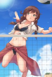 Rule 34 | 1girl, :&lt;, ball, bare shoulders, beach volleyball, beachball, bikini, black bikini, blue sky, blurry, braid, breasts, brown hair, cleavage, cloud, collarbone, day, depth of field, full body, green eyes, highres, jumping, k jie, kantai collection, lens flare, medium breasts, navel, noshiro (kancolle), outdoors, red sarong, sarong, shirt, sky, solo, spiking, swept bangs, swimsuit, tied shirt, triangle mouth, twin braids, volleyball net, white shirt