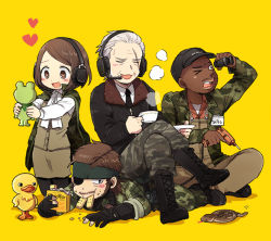 Rule 34 | 1girl, 3boys, 50yen, arm up, bandana, baseball cap, big boss, binoculars, bird, black eyes, black footwear, black gloves, black hat, black legwear, black necktie, blue eyes, blush, boots, brown eyes, brown hair, brown pants, brown skirt, buttons, camouflage, camouflage pants, closed eyes, collared shirt, cross-laced footwear, crossed legs, cup, dark skin, drill, duck, eating, eyepatch, facial hair, food, food in mouth, food on face, frog, full body, gloves, hat, headband, headset, heart, heart-shaped pupils, holding, holding cup, holding food, indian style, jacket, kneeling, lace-up boots, long sleeves, lying, major zero, metal gear (series), metal gear solid, metal gear solid 3: snake eater, motion lines, mouth hold, multiple boys, mustache, naked snake, necktie, on back, one eye closed, open mouth, pants, para-medic (mgs3), partially fingerless gloves, pencil skirt, saucer, scar, scar across eye, scar on face, shadow, shirt, shoes, short hair, sigint, simple background, sitting, sitting on person, skirt, sleeveless, sleeves rolled up, smile, smoke, standing, swept bangs, symbol-shaped pupils, tea, teacup, tsuchinoko, uniform, very dark skin, white hair, white shirt, yellow background, zipper, zipper pull tab