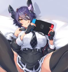 Rule 34 | 1girl, absurdres, black gloves, black jacket, black skirt, black thighhighs, breast pocket, breasts, checkered necktie, commentary request, commission, eyepatch, fur-trimmed jacket, fur trim, gloves, handheld game console, headgear, high-waist skirt, highres, holding, holding handheld game console, jacket, kantai collection, large breasts, legs, licking lips, lying, necktie, nintendo switch, on back, out-of-frame censoring, partially fingerless gloves, pleated skirt, pocket, purple hair, sahara1127, school uniform, seductive smile, shirt, short hair, sitting, skirt, sleeveless, sleeveless shirt, smile, solo, teasing, tenryuu (kancolle), tenryuu kai ni (kancolle), thighhighs, tomboy, tongue, tongue out, white shirt, yellow eyes