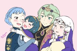 Rule 34 | 1boy, 2020, 3girls, aqua hair, blue dress, blue hair, blush, braid, buttons, byleth (fire emblem), byleth (male) (fire emblem), capelet, carrying, closed mouth, commission, crown, crown braid, dated, double-breasted, dress, eyelashes, father and daughter, fire emblem, fire emblem: three houses, green eyes, green hair, highres, holding, if they mated, kagura oni, long hair, long sleeves, lysithea von ordelia, makeup, marianne von edmund, mother and daughter, multiple boys, multiple girls, nintendo, open mouth, outdoors, parted lips, pink background, pink eyes, ribbed dress, short hair, simple background, smile, tiara, white hair