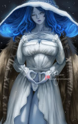 Rule 34 | 1girl, alternate breast size, blue eyes, blue hair, blue skin, breasts, colored skin, dress, elden ring, extra arms, hat, large breasts, looking at viewer, one eye closed, panties, ranni the witch, solo, underwear, wei (promise 0820), white dress, white hat, white panties, witch hat