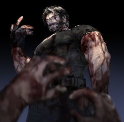Rule 34 | 1boy, 1other, bara, beard, belt, blood, blood on clothes, blood on face, blood on hands, dark, facial hair, feet out of frame, from below, hand up, hands up, highres, large hands, large pectorals, looking at viewer, male focus, mature male, messy hair, multicolored hair, muscular, muscular male, mustache, original, pectorals, pov, pov hands, short hair, sideburns, solo focus, streaked hair, takayakaiti (tk049ccn), thick eyebrows, white background