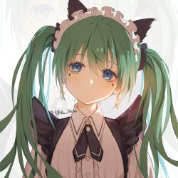 Rule 34 | 1girl, animal ears, black necktie, blue eyes, cat ears, closed mouth, collared shirt, commentary request, cross-shaped pupils, dangle earrings, earrings, eyeliner, facing viewer, green hair, hair between eyes, hatsune miku, highres, ihoku nina, jewelry, looking afar, maid headdress, necktie, red eyeliner, shirt, solo, symbol-shaped pupils, twintails, twitter username, upper body, vocaloid, white shirt