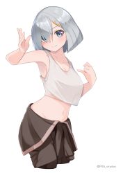 Rule 34 | 1girl, absurdres, alternate costume, blue eyes, blush, bob cut, commentary request, cropped legs, hair ornament, hair over one eye, hamakaze (kancolle), highres, kantai collection, looking at viewer, midriff, navel, short hair, silver hair, simple background, smile, solo, twitter username, uut, white background