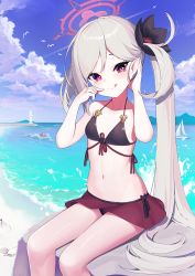 Rule 34 | 1girl, :q, beach, bikini, bikini skirt, bird, black bikini, blue archive, blue sky, blush, breasts, cloud, commentary request, day, flat chest, front-tie bikini top, front-tie top, halterneck, highres, horizon, licking lips, long hair, looking at viewer, mutsuki (blue archive), navel, ocean, outdoors, purple eyes, sarong, seagull, side-tie bikini bottom, side ponytail, sitting, sky, small breasts, smile, solo, string bikini, swimsuit, tongue, tongue out, unidentified nk