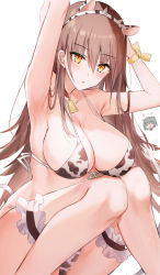 Rule 34 | 2girls, animal ears, animal print, armpits, arms behind head, arms up, bare shoulders, bell, bikini, blush, breasts, cleavage, collar, collarbone, cow ears, cow horns, cow print, cow tail, fake animal ears, fake horns, feet out of frame, front-tie bikini top, front-tie top, green hair, hairband, highres, horns, kinona, knees up, large breasts, looking at viewer, multiple girls, neck bell, original, print bikini, red collar, simple background, solo focus, swimsuit, tail, white background, white hairband
