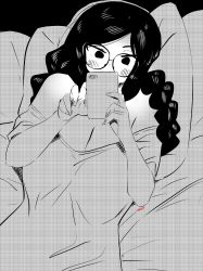 Rule 34 | 1girl, braid, breasts, cellphone, cleavage, glasses, greyscale, highres, holding, holding phone, large breasts, looking at phone, lying, monochrome, off shoulder, on back, original, phone, round eyewear, ryusei hashida, shirt, short sleeves, signature, smartphone, solo, twin braids