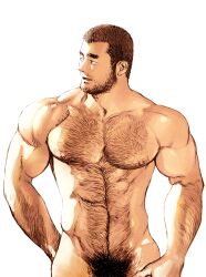 Rule 34 | 1boy, abs, absurdres, arm hair, bara, beard stubble, black hair, bota86mochi, buzz cut, chest hair, facial hair, highres, large pectorals, looking to the side, male focus, male pubic hair, muscular, muscular male, mustache stubble, navel, navel hair, nipples, nude, original, pectorals, pubic hair, short hair, simple background, solo, stubble, thick arm hair, thick chest hair, thick eyebrows, upper body, very short hair, white background