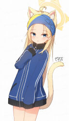 Rule 34 | 1girl, :o, absurdres, ahoge, animal ear fluff, animal ears, blonde hair, blue eyes, blue jacket, blush, cat ears, cat girl, cat tail, commentary request, coreytaiyo, dated, flying sweatdrops, forehead, halo, hand up, highres, jacket, long hair, long sleeves, looking at viewer, original, parted bangs, parted lips, puffy long sleeves, puffy sleeves, signature, simple background, sleeves past fingers, sleeves past wrists, solo, standing, tail, track jacket, very long hair, white background