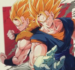 Rule 34 | 2boys, back-to-back, biceps, blonde hair, blue sash, border, bure (fantasticyouth7), clenched hands, closed mouth, commentary request, dougi, dragon ball, dragonball z, earrings, frown, gloves, gogeta, green eyes, hand up, highres, jewelry, looking away, male focus, metamoran vest, multiple boys, muscular, muscular male, orange shirt, outside border, pants, parted lips, potara earrings, red background, sash, serious, shirt, short sleeves, simple background, spiked hair, super saiyan, super saiyan 1, v-shaped eyebrows, vegetto, vest, white border, white gloves, white pants